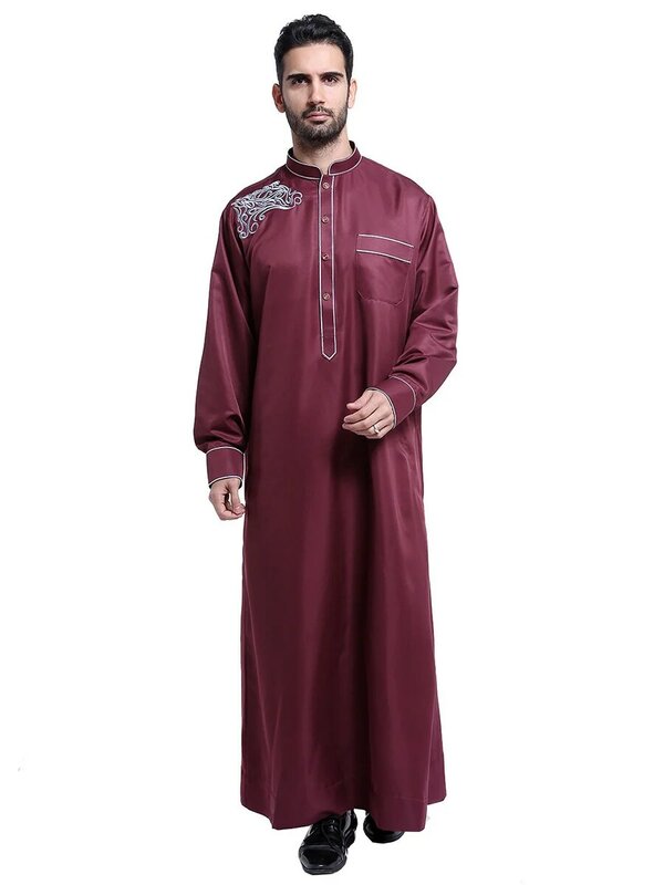 새로운 이슬람 모로코 긴 소매 이슬람 남자 자수 솔리드 컬러 로브 아랍어 Kaftan 사우디 두바이 의류 남자 예배 Abaya