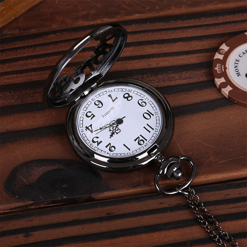 8825 preta gravada com grande arábia vintage relógio de bolso de quartzo com corrente de colar