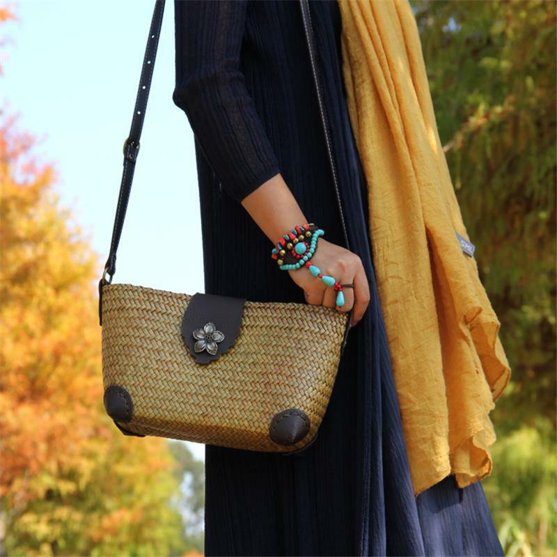 28x15 سنتيمتر الأصلي الرجعية اليابانية اليدوية القش حقيبة صغيرة المنسوجة المرأة واحدة الكتف تخزين حقيبة ساع a6116