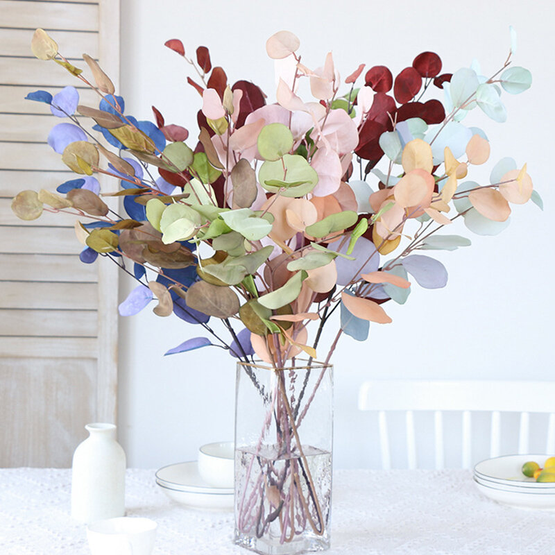 Artificial Eucalyptus Flowers Plants Leaves Long Plastic Pole Silk Fake Plants Wall Decorative for Home Wedding Shooting Prop