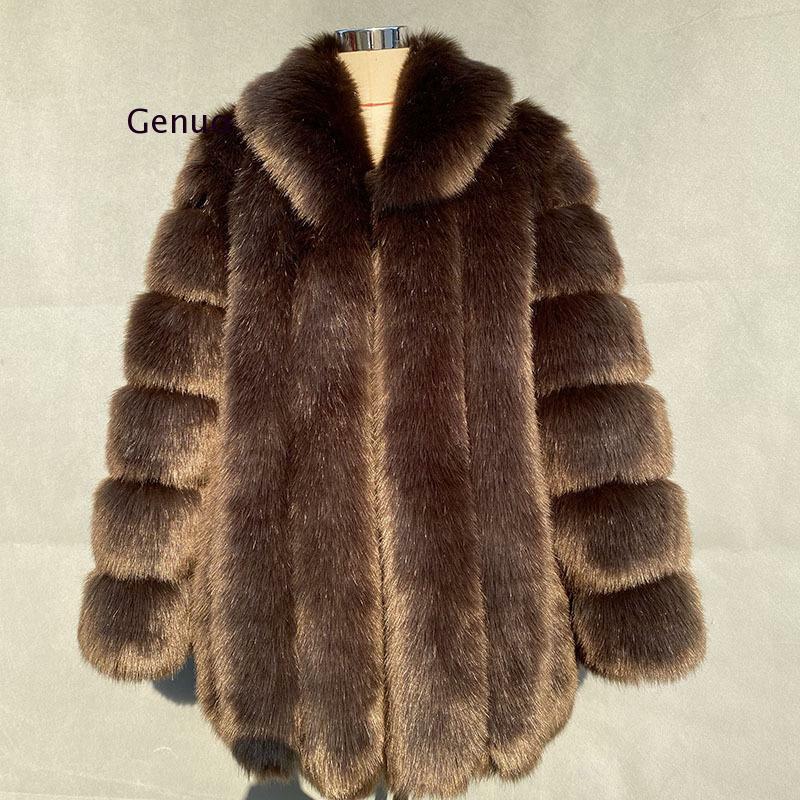 Manteau en fausse fourrure de renard pour Femme, élégant, col rabattu, Long, épais, chaud, moelleux, hiver