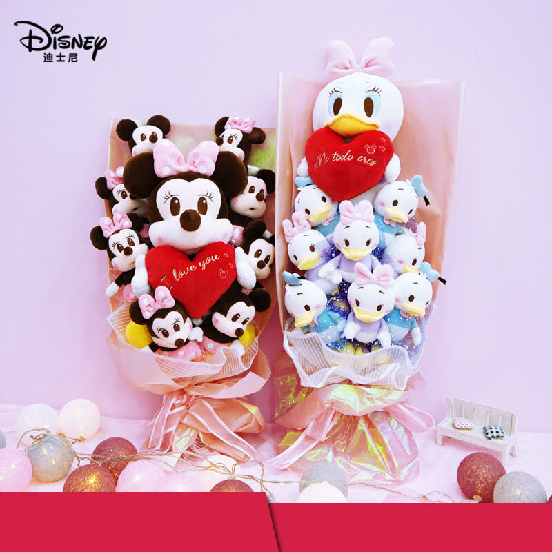 Disney-ramo de dibujos animados de Mickey y Minnie Mouse, muñeco de peluche de Lilo Stitch, rosa de juguete, Pato Donald, Margarita, caja de regalo de San Valentín y Navidad