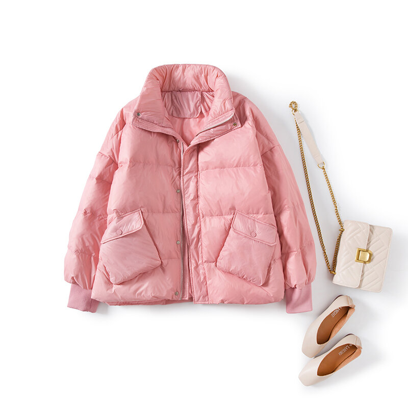 새로운 여성용 겨울 오리털 코트, 긴 소매 스탠드 칼라 두꺼운 루즈핏 따뜻한 재킷 코트 2020