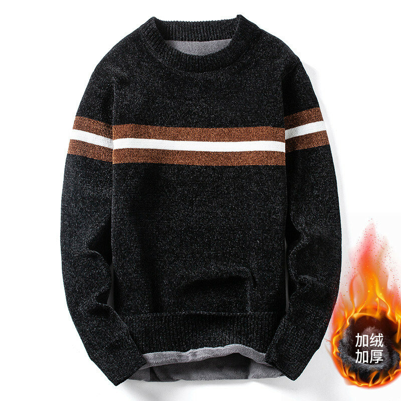 Мужской свитер, плотный вязаный пуловер с круглым вырезом, в полоску, приталенный, из плюша, 2019