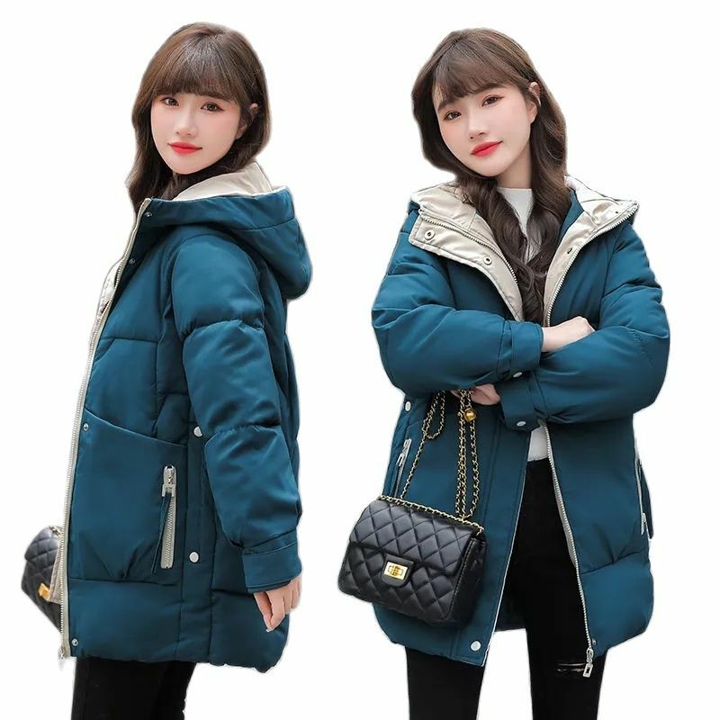 Winter New Thicken Down Cotton Ladies Coats Mid-long Zipper Pocket Hooded Female Outerwear Loose Casual Women's Overcoat Parka