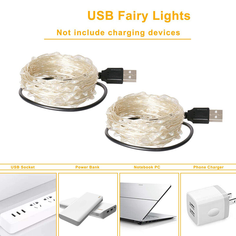1M 5M 10M 100 LEDS Lampu Peri Senar Berbintang Lampu USB Peri Mikro LED Kawat Transparan untuk Pesta Natal Pernikahan 6 Warna