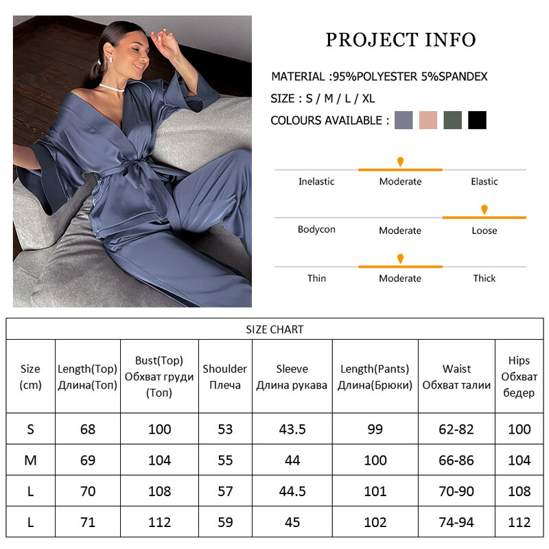 Hiloc Huispak Voor Dames Nachtkleding Losse Flare Broek Driekwart Mouw Satijnen Gewaad Sets Badjas Voor Huiskleding Mode 2024