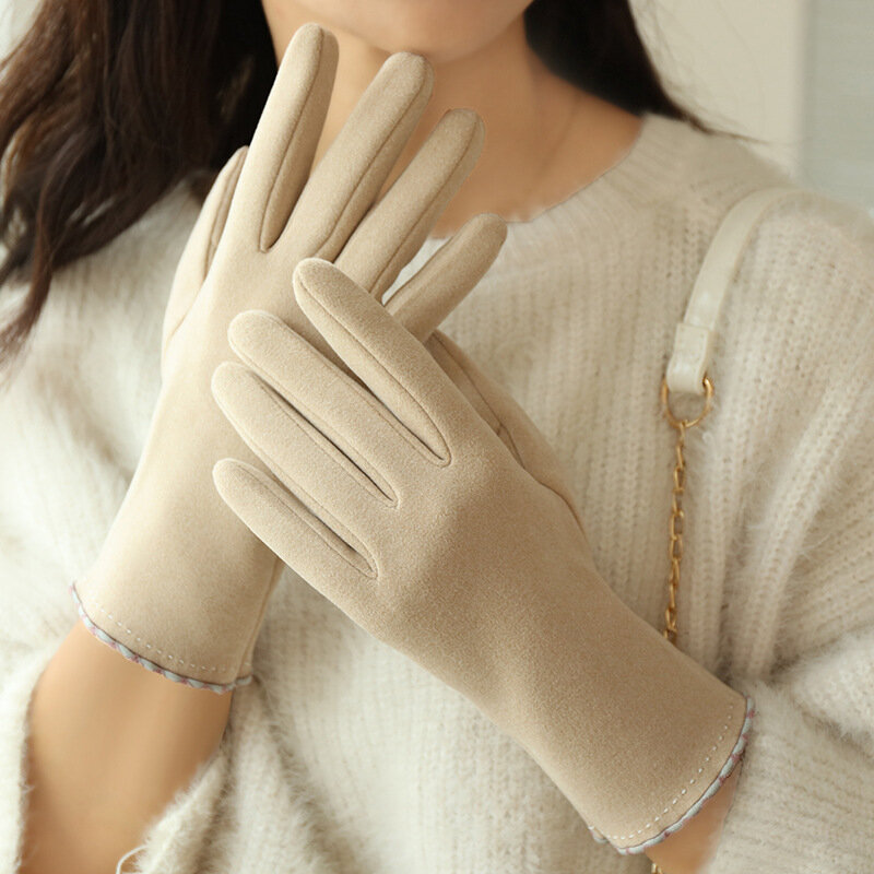 Женские зимние Утепленные перчатки для сенсорного экрана с бархатной подкладкой, плотные Простые Модные однотонные кружевные варежки для велоспорта и вождения