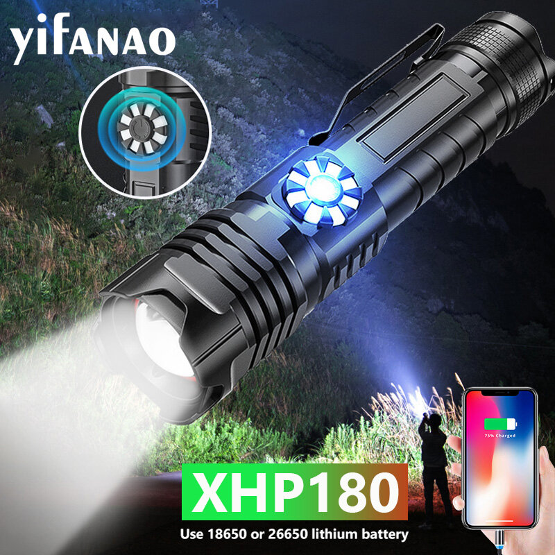 XHP180 5000MAH Senter LED Peredupan Stepless Kuat Lampu Kerja USB Isi Ulang 5Mode Obor Zoom Senter Taktis 18650