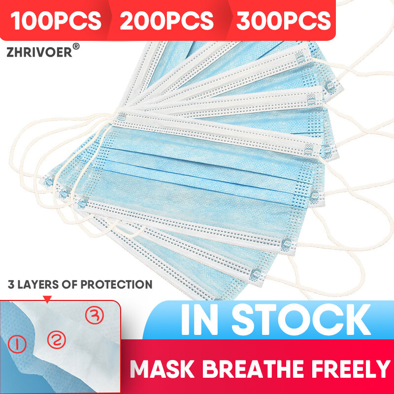 100pcs 3 Laye Mask dust protection Masks Disposable Face Masks Elastic Ear Loop Disposable Dust Filter Safety Mask Anti-Dust