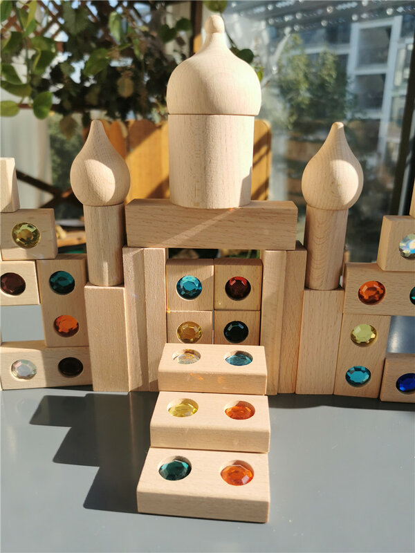 Bloques de construcción de piedras brillantes de acrílico para niños, juguete Montessori de madera, piedras preciosas de madera, ladrillos de diamante de cristal arcoíris, juego de construcción
