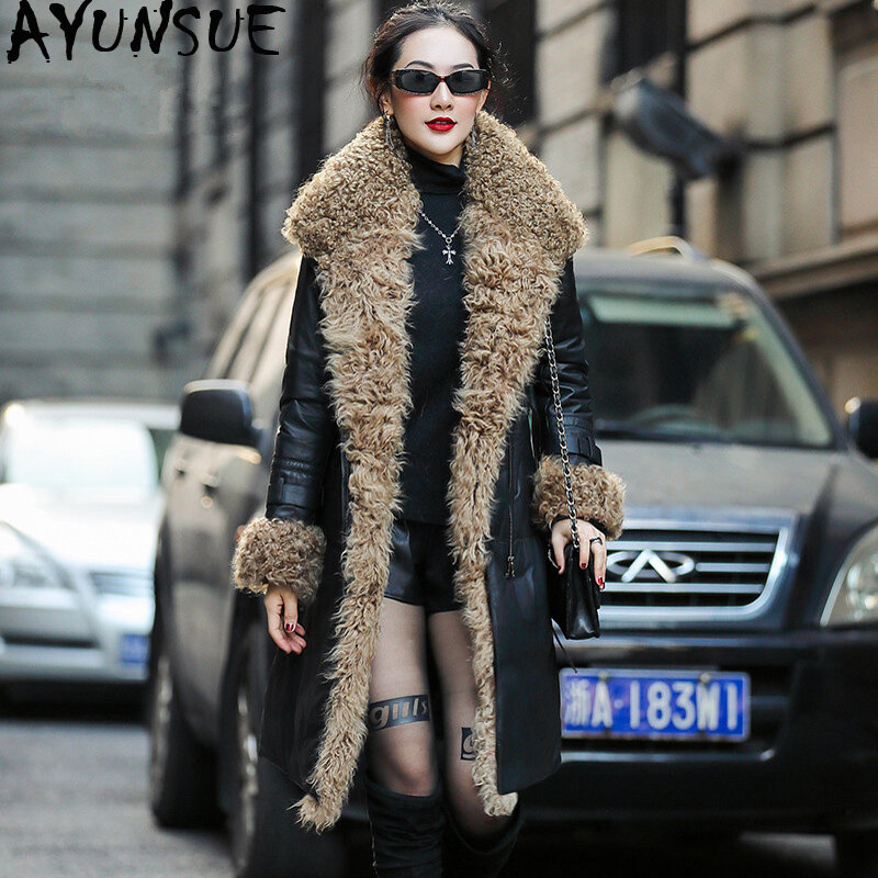 Ayunsue-女性の革の冬のジャケット,ロングコート,シープスキン,本物の子羊の毛皮の襟,暖かいパーカー