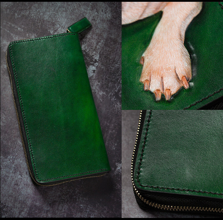Artesanal de couro genuíno carteiras verde bolsas homens longo embreagem vegetal curtido couro carteira titular do cartão