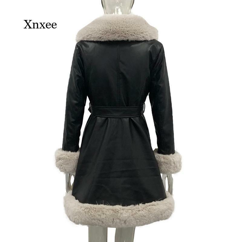 Winter Side Pocket Jacket Ladies Fashion Pu Leather Belted Belt Long Coat Elegant Solid Color Faux Fur Jacket