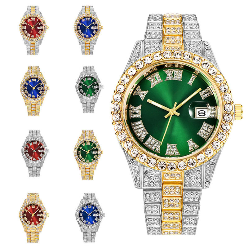 Montre à quartz de luxe pour homme, acier inoxydable doré, bracelet en diamant, calendrier romain, cadran numérique, montres-bracelets Hip Hop