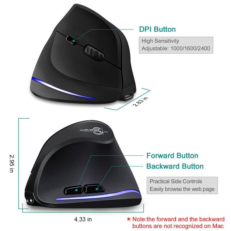 Zeltos-WindowsおよびMac用の充電式ワイヤレス光学マウス,Bluetooth付きの垂直マウス,2400 dpi,2.4g
