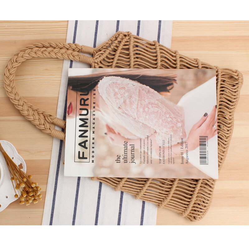 Bolso de hombro portátil de algodón para mujer, bolsa de playa de paja tejida a mano, con bolsillo de red, 2021