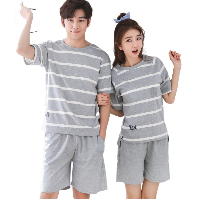 Pijama listrado de manga curta para casal, terno de pijama de algodão masculino casual, jardas grandes, verão M-3XL