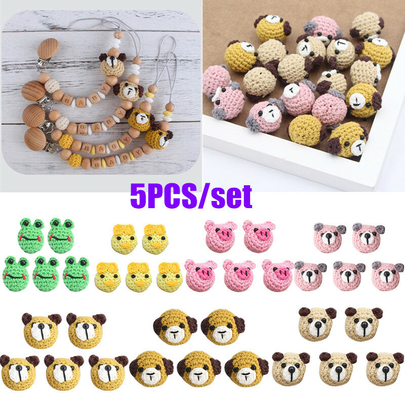 5 Pcs/Pack Handmade Crochet Woolen Beads Cartoon Animal DIY Pacifier Clip Chain Accessories Baby Teething Soother Decor Toys