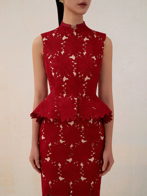 Krawiec sklep czerwony chryzantema koronkowy top spódnica kobiecy lekki luksusowy pół-formalny strój księżniczki top peplum