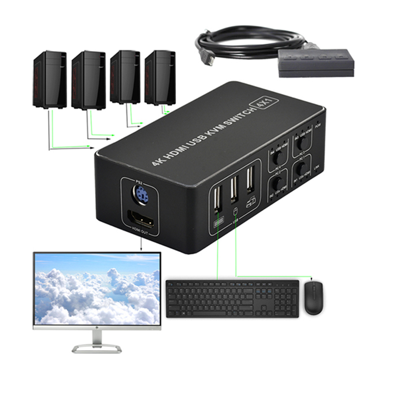 Conmutador HDMI KVM de 4 puertos, conmutador 4K USB HDMI, 4 en 1, salida 4KX2K/30HZ win10/8/mac os Proyector HDTV para ordenador portátil
