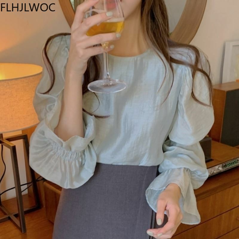 Fenimine blusa chique para mulheres, blusas elegantes da moda com manga solta e laço, em cor sólida, com cruz cristalina, primavera 2021