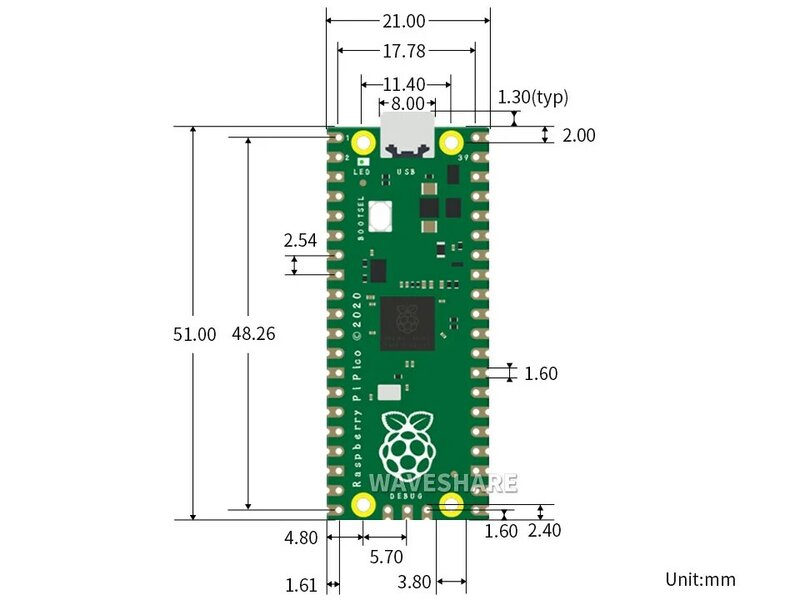 Raspberry-Pi-Pico-M,tiny, fast, versatile microcontroller board,Built Using RP2040 Microcontroller Chip,With Pre-Soldered header