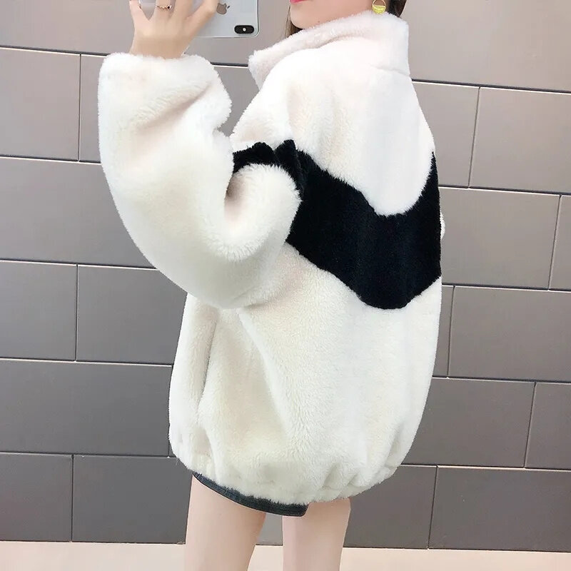 여성용 플러스 코튼 두꺼운 양털 입자, 스탠드업 칼라 스웨터 셔츠, 컬러 매칭 모조 토끼 모피 코트, 2024 신상