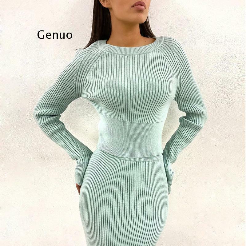 Merajut Kasmir Pullover dan Rok Dua Sepotong Set Wanita Slim Fit Dipotong Atasan Wanita Musim Gugur Elegan Sweater Pakaian Wanita