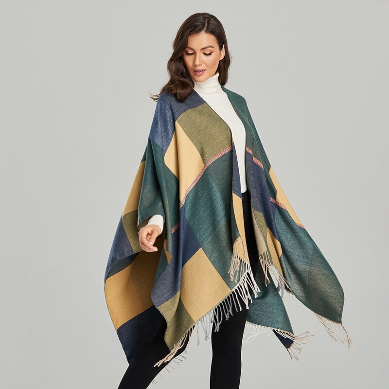 Luxury Brand Women's Winter Tassel Cashmere Scarf Ponchos Coat 2021 Fashion Plaid Warm Thick Shawl Wrap Pashmina Blanket Femme