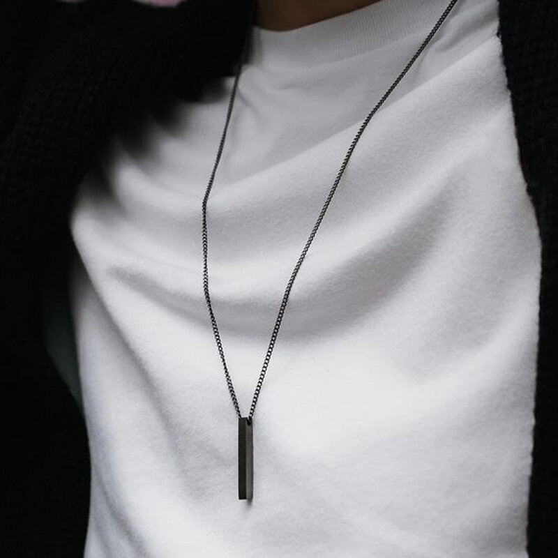 Collier à pendentif rectangulaire classique pour hommes, en acier inoxydable, couleur noire, chaîne cubaine pour hommes, cadeau de bijoux