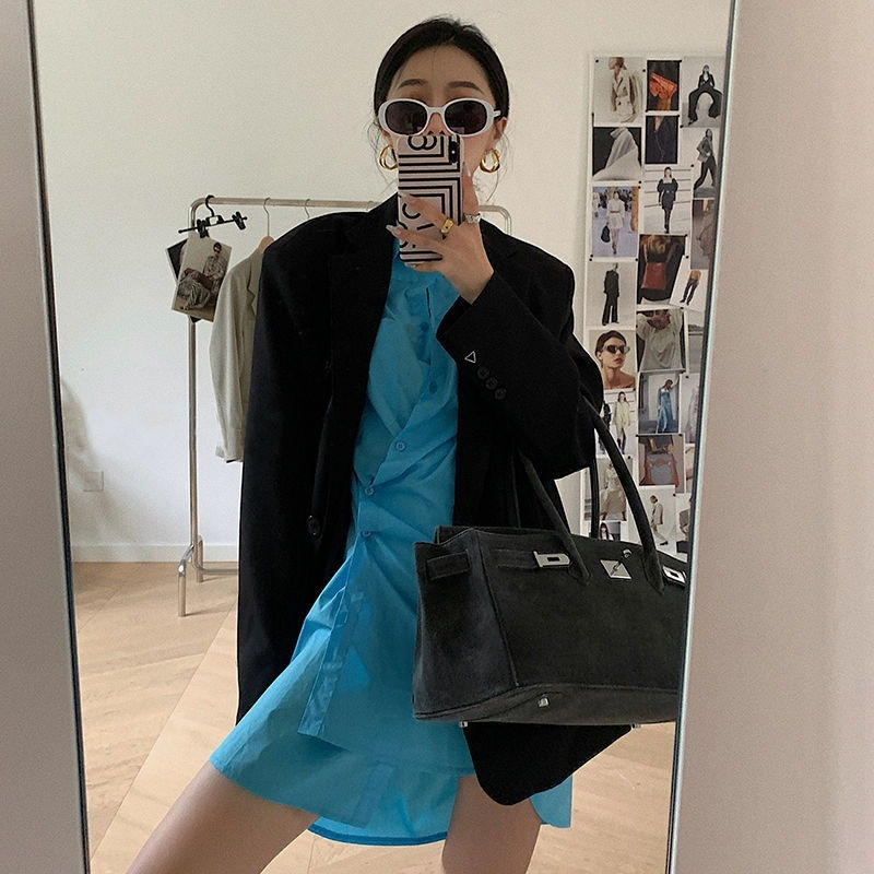 Blazer Panjang WANITA HITAM Jalan Raya Longgar Semua Pertandingan Mode Gaya Korea Kantong Harajuku Sederhana Kasual Wanita Pakaian Luar Baru