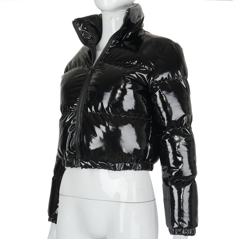 Women Winter Warm Puffer Jackets Fashion Parkas Stand Collar Zipper Front Cropped Coat Long Sleeve Lightweight Bubble Outerwear