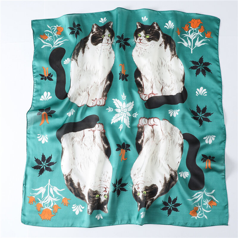 Women Silk Scarf Animal Cute Cat Print Neck Scarves Lady Foulard Shawls and Wraps Square Hair Bandana 2022