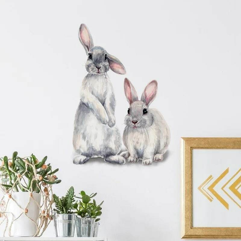 Autocollants muraux de deux lapins mignons, papier peint amovible pour décoration de chambre d'enfants, sparadrap muraux pour salon et chambre à coucher