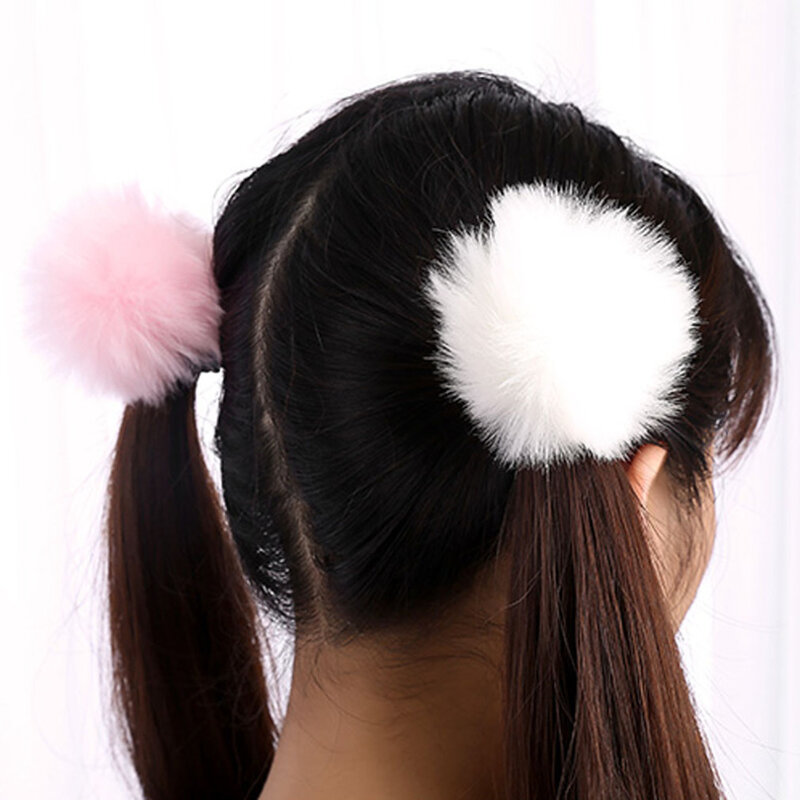 Furling Girl-Faux Rabbit Fur Pompoms Borracha Elastic Hair Bands, Soft Hand Made Bola, Scrunchies, Acessórios para Cabelo, 8cm, 1Pc