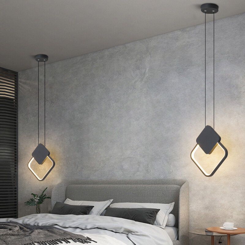 Nordic Minimalistสีขาวสีดำสี่เหลี่ยมโคมไฟจี้ยาวสายไฟหรี่แสงได้LEDเพดานแขวนสำหรับข้างเตียงตกแต่ง
