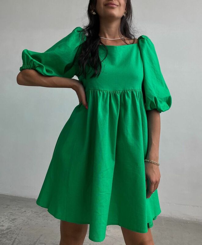 Женское платье-трапеция с пышными рукавами, летнее офисное однотонное зеленое модное свободное мини-платье с высокой талией, повседневные платья для женщин