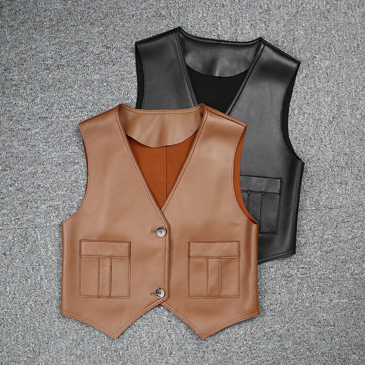 2021 New Style Women's Casual  Genuine Leather Vest With Pocket