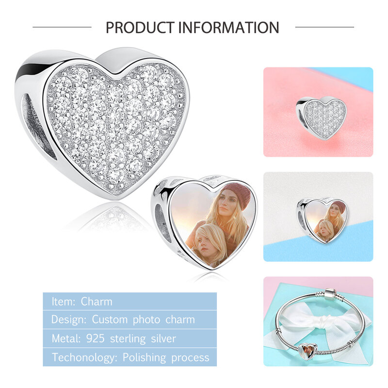 ELESHE, Personalisierte Foto 925 Sterling Silber Herz Perlen Charms Fit Ursprüngliche Armband DIY Mode Silber 925 Schmuck