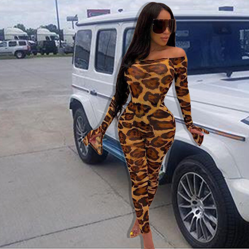 BKLD Women Fashion Leopard Off The Shoulder Rompers Jumpsuits Clubwear Ladies 2019 Autumn Flare Long Sleeve Bodycon Jumpsuits