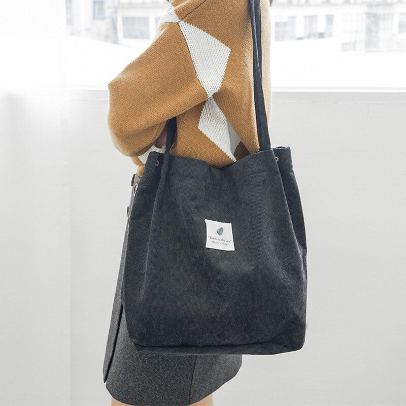 Geestock Foldable Tote Bag Eco Bag Canvas Shopping Handbag Shopper Corduroy Reusable Bag Large Capacity Pouch