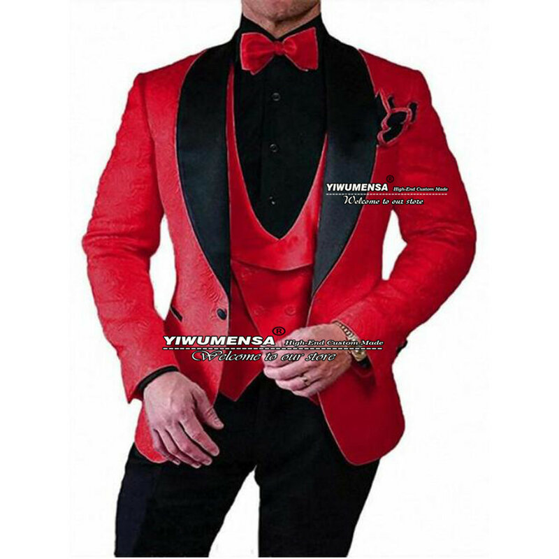 Burgundy Floral Suits Men For Wedding Custom Made Black Lapel Prom Blazer Business Dinner Party Groom Tuxedos Costume Homme 2024
