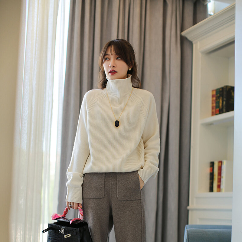 Autumn And Winter New Cashmere Sweater Women's High Neck Thick Pullover 100% Wool Loose Sweater Large Size Knitted Sweater