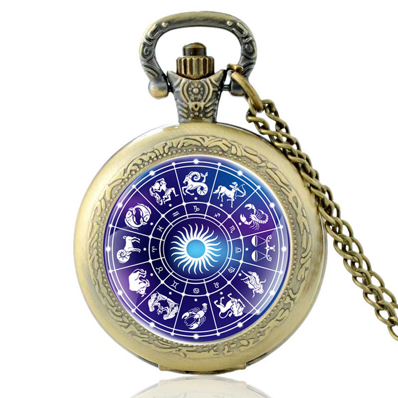 คลาสสิกสิบสอง Constellations โหราศาสตร์แก้ว Cabochon ควอตซ์นาฬิกาพ็อกเก็ตนาฬิกา Vintage ผู้ชายผู้หญิงจี้สร้อยคอนาฬิกา