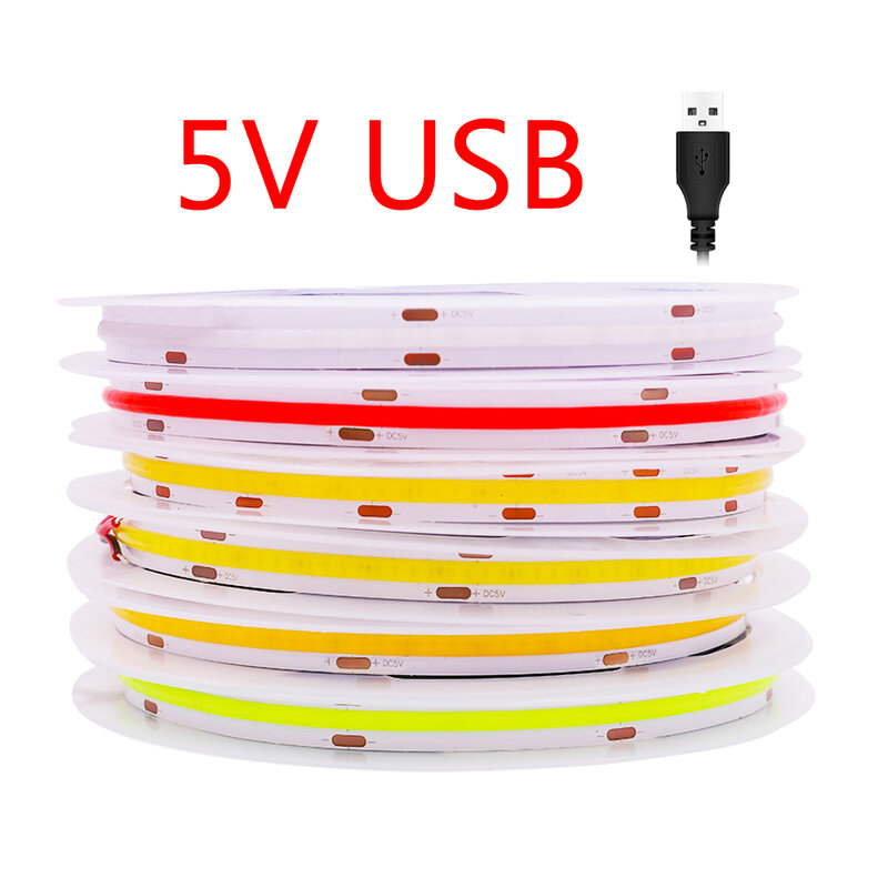 Bande lumineuse à LED COB, alimentée par batterie USB, 320LED/m, ruban linéaire haute densité, Flexible, blanc, bleu, vert, rouge, dc 5V