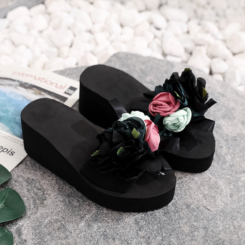 2020 new Women Summer yellow Beach Sandals Indoor Outdoor Flip-flops Beach Shoes Fashion Female Casual flower High heel slippers