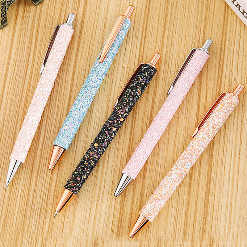 11pcs/set Glitter Sequin Metal Pen 1.0mm Blue Black Refill Rod Retractable Ballpoint Pen for School Office Stationery Gift