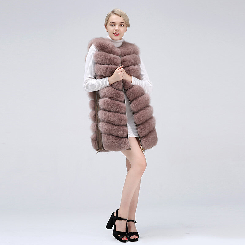 Chaleco de piel de zorro Natural para mujer, abrigo largo con cremallera, abrigo cálido de invierno, chaqueta de piel auténtica, envío gratis