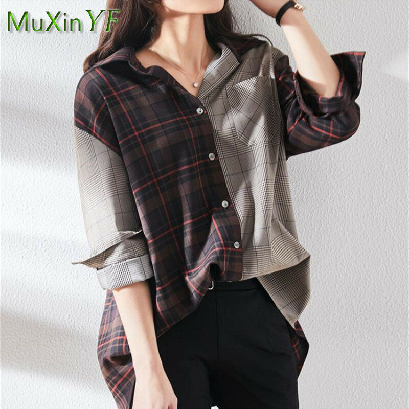 Kemeja Wanita 2021 Musim Semi Musim Gugur Baru Jahitan Kotak-kotak Longgar Lengan Panjang Blus Mode Korea Elegan Vintage Cardigan Top